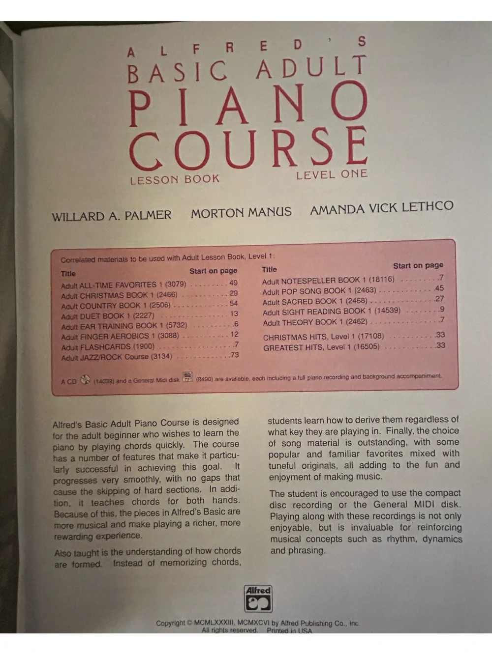 Alfred's Basic Adult Piano Course: Lesson Book Level One